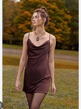 NWT Urban Outfitters Mallory Brown Satin Cowl Neck Slip Dress
